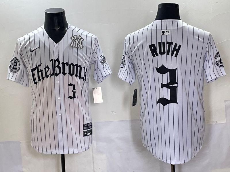Men 2025 New York Yankees #3 Ruth White Stripe Five generations Joint Name Nike MLB Jersey style 05